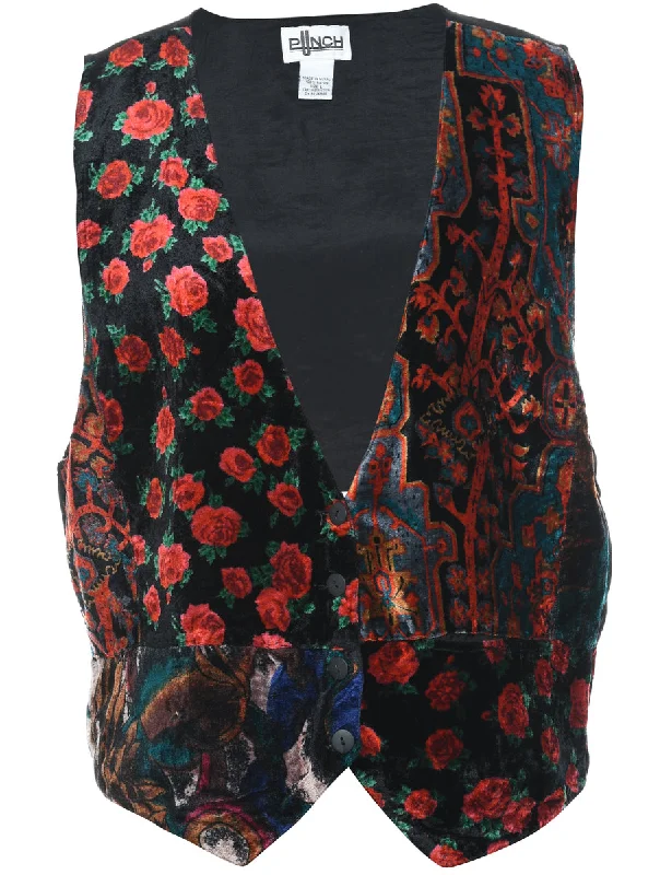 Floral Pattern Multi-Colour Velvet Waistcoat - L Elegant Woolen Waistcoat