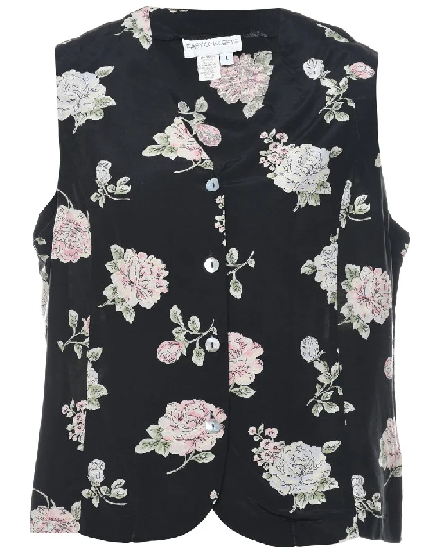 Floral Pattern Pale Pink & Black 1990s Waistcoat - L Stylish Quilted Waistcoat Vest