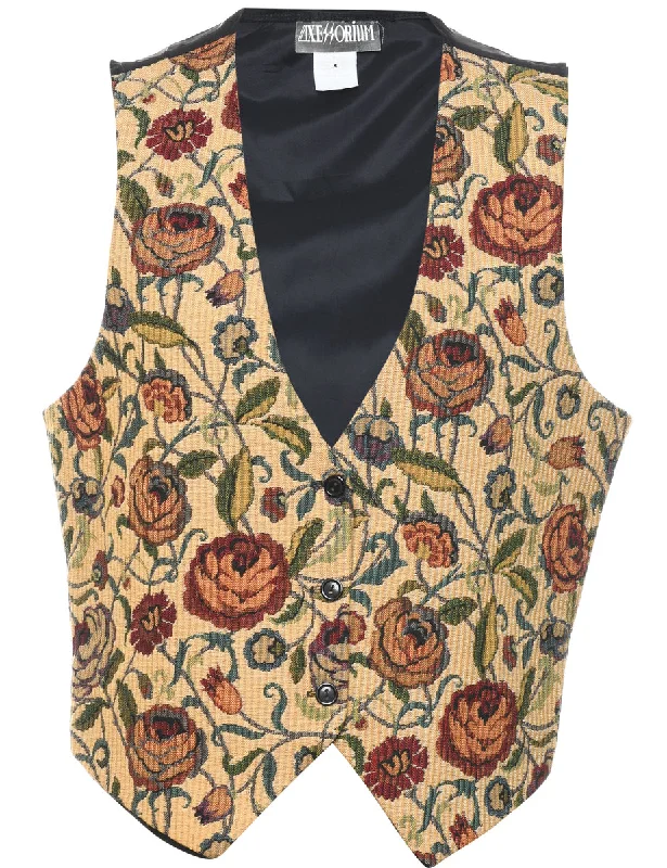 Floral Pattern Tapestry Waistcoat - M Trendy Faux Leather Vest