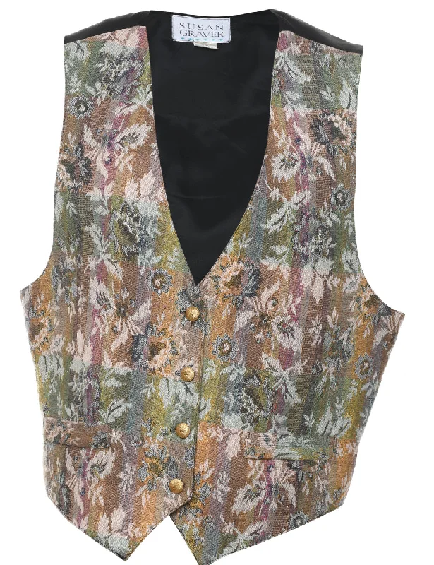 Floral Pattern Waistcoat - L Stylish Long Waistcoat Vest