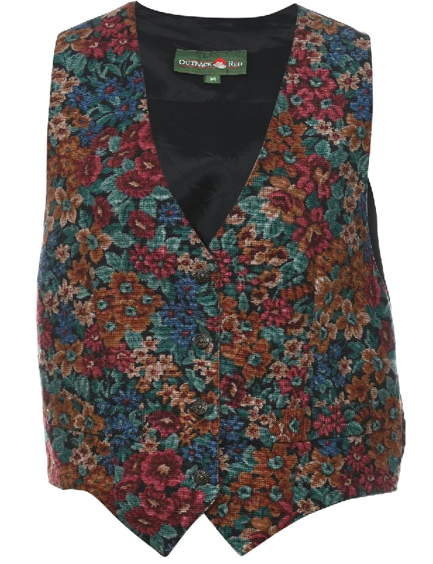 Floral Pattern Waistcoat - M Cozy Fleece-Lined Waistcoat
