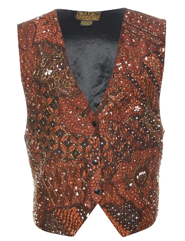 Floral Print Beaded Waistcoat - M Casual Checkered Waistcoat Vest