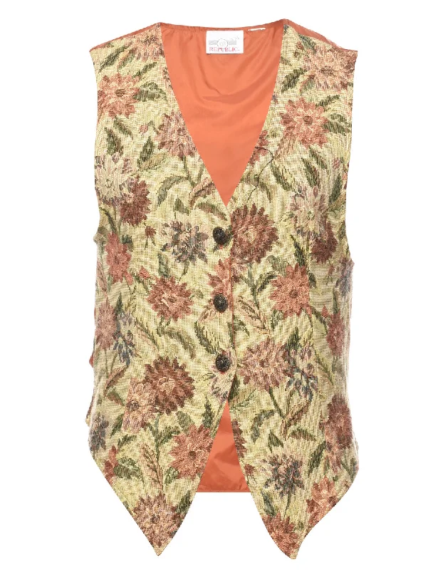 Floral Print Pale Yellow Tapestry Waistcoat - S Cozy Fur-Lined Waistcoat Vest