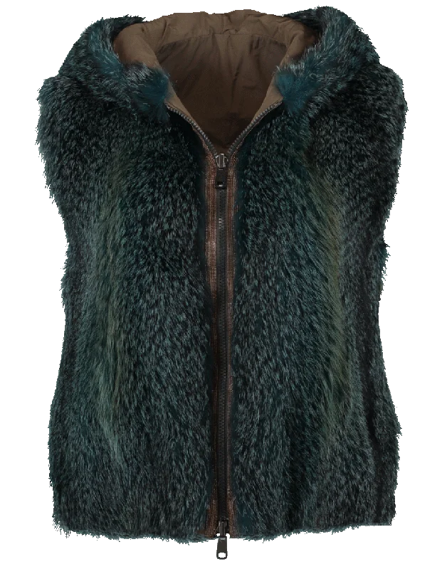 Fox Fur Reversible Hooded Vest Hoodie with Crew Neck Simple Timeless