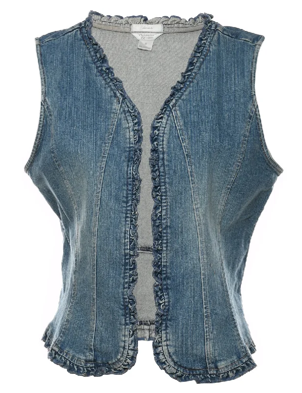 Frilled Faded Wash Denim Waistcoat - S Fashionable Check Waistcoat Vest