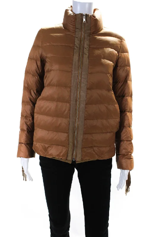 Glamourpuss Womens Stripe Quilted Fringe Sleeve Zipped Puffer Coat Brown Buttoned Toggled Snapped Glamourpuss Womens Stripe Quilted Fringe Sleeve Zipped Puffer Coat Brown Buttoned Toggled Snapped