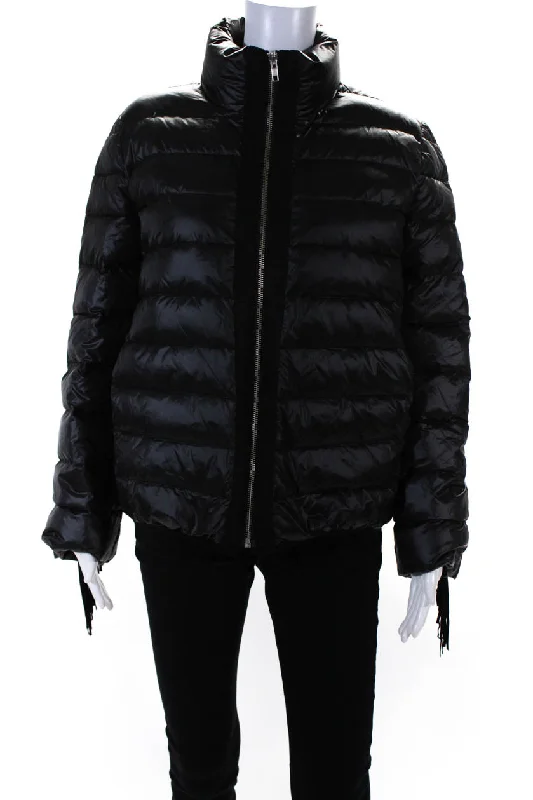 Glamourpuss Womens Striped Quilt Fringe Sleeve Zipped Puffer Coat Black Peter Pan Collar Cowl Neck Turtleneck Glamourpuss Womens Striped Quilt Fringe Sleeve Zipped Puffer Coat Black Peter Pan Collar Cowl Neck Turtleneck