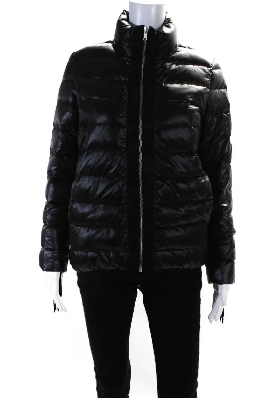 Glamourpuss Womens Striped Quilt Fringe Sleeve Zipped Puffer Coat Black Bomber Jacket Denim Jacket Leather Jacket Glamourpuss Womens Striped Quilt Fringe Sleeve Zipped Puffer Coat Black Bomber Jacket Denim Jacket Leather Jacket