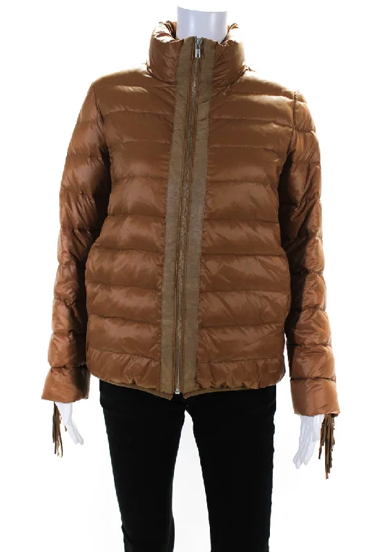 Glamourpuss Womens Striped Quilted Fringe Sleeve Zipped Puffer Coat Brown Quilted Jacket Anorak Windbreaker Glamourpuss Womens Striped Quilted Fringe Sleeve Zipped Puffer Coat Brown Quilted Jacket Anorak Windbreaker