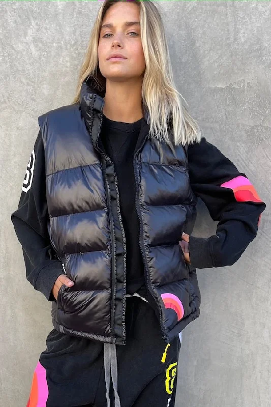 HAMMILL & CO Womens Puffer Vest Black Distressed Denim Vest