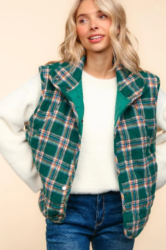 HIGH NECK SNAP BUTTON DOWN PLAID PUFFER VEST Cozy Teddy Vest