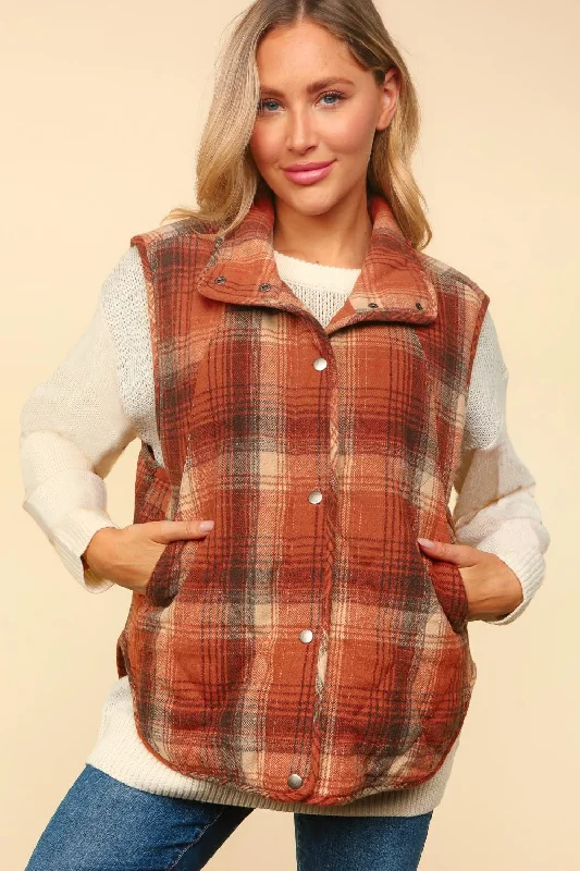 HIGH NECK SNAP BUTTON PLAID PUFFER VEST Plaid Sherpa Vest