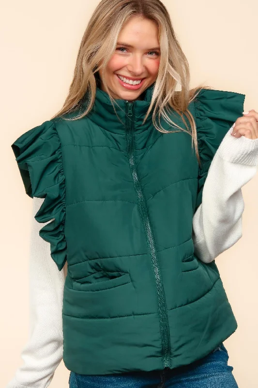 HIGH NECK ZIPPER UP RUFFLE SLEEVE PUFFER VEST Classic Workwear Vest