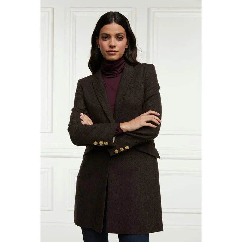Holland Cooper Highgrove Ladies Tweed Coat - Chocolate Herringbone Hook-and-Loop Buckled Tied Holland Cooper Highgrove Ladies Tweed Coat - Chocolate Herringbone Hook-and-Loop Buckled Tied