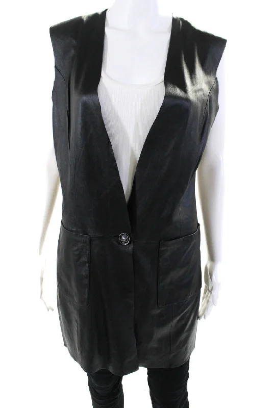 In Transit Womens Unlined V Neck One Button Leather Vest Black Sleeveless Winter Coat In Transit Womens Unlined V Neck One Button Leather Vest Black Sleeveless Winter Coat