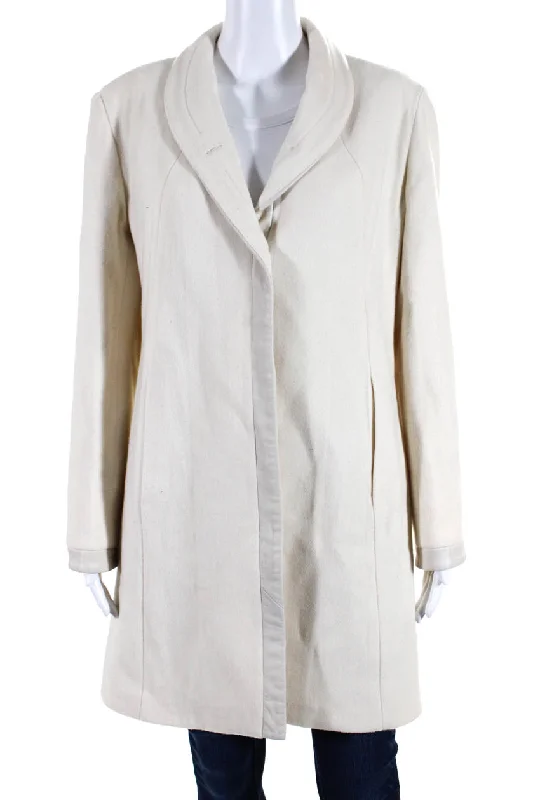 Jheri Richards Womens Long Fleece Leather Trim Peacoat Ivory Wool Appliqued Beaded Sequined