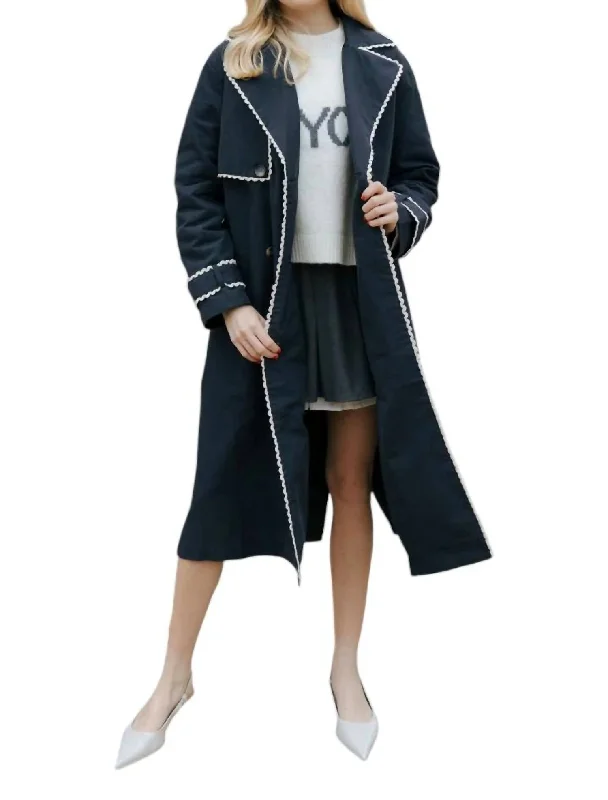 Lace Trim Trench Coat In Navy Elegant Trench Coat with Pockets