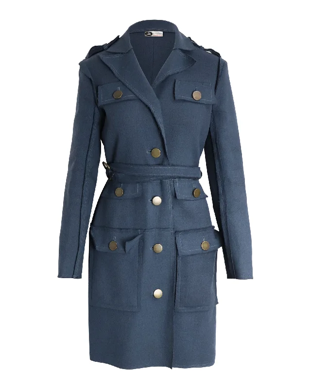 Lanvin Multi-Pocket Belted Coat in Blue Wool Hook-and-Loop Buckled Tied