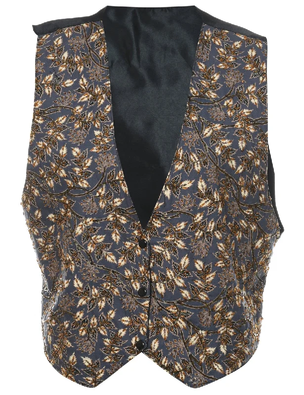 Leafy Print Beaded Waistcoat - L Comfortable Wool-Lined Waistcoat