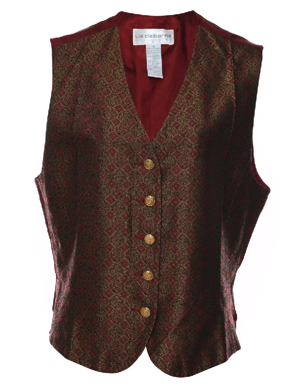 Liz Claiborne Floral Pattern Maroon & Olive Green Waistcoat - L Cozy Fleece-Lined Waistcoat