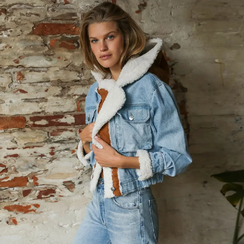 Long Sleeve Sherpa Patchwork Flap Pocket Denim Hooded Coat - Blue Trim Padded Insulated Long Sleeve Sherpa Patchwork Flap Pocket Denim Hooded Coat - Blue Trim Padded Insulated