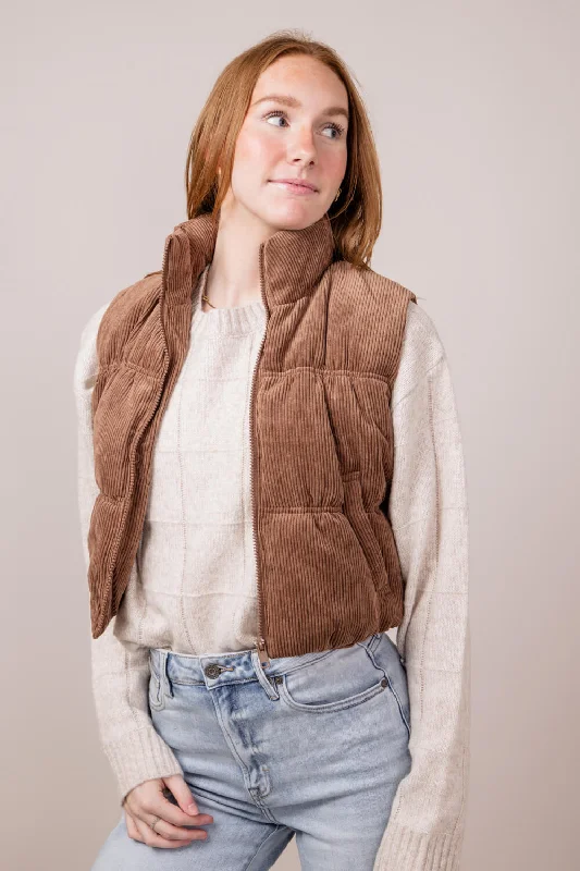 Love Tree Cropped Corduroy Puffer Vest for Women in Cocoa | 5101VH-COCOA Reversible Cozy Vest Love Tree Cropped Corduroy Puffer Vest for Women in Cocoa | 5101VH-COCOA Reversible Cozy Vest