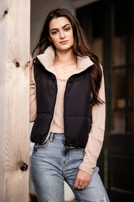 Love Tree Cropped Reversible Puffer Vest for Women in Black/Beige | 5070VY-BLACK Suede Fringe Vest