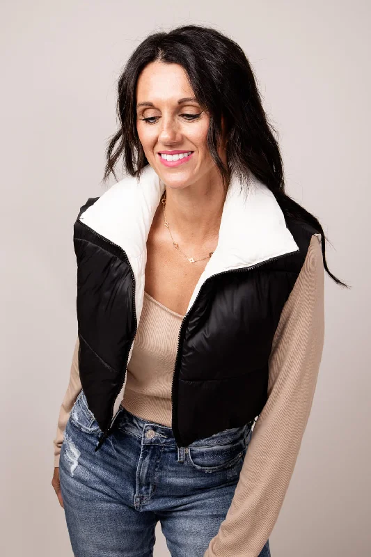 Love Tree Cropped Reversible Puffer Vest for Women in Black/White | 5089VH-BLACKOFFWHITE Classic Plaid Vest Love Tree Cropped Reversible Puffer Vest for Women in Black/White | 5089VH-BLACKOFFWHITE Classic Plaid Vest