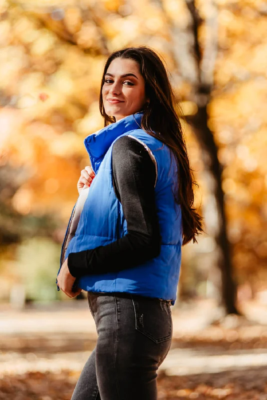 Love Tree Cropped Reversible Puffer Vest for Women in Blue/Beige | 5070VY-AZURE Wool Tweed Vest Love Tree Cropped Reversible Puffer Vest for Women in Blue/Beige | 5070VY-AZURE Wool Tweed Vest