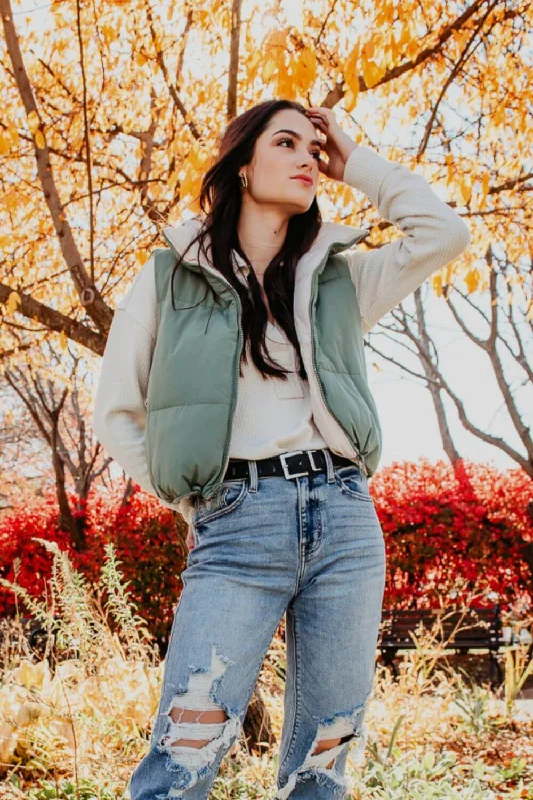 Love Tree Cropped Reversible Puffer Vest for Women in Olive/Beige | 5070VY-OLIVE Soft Velvet Vest Love Tree Cropped Reversible Puffer Vest for Women in Olive/Beige | 5070VY-OLIVE Soft Velvet Vest