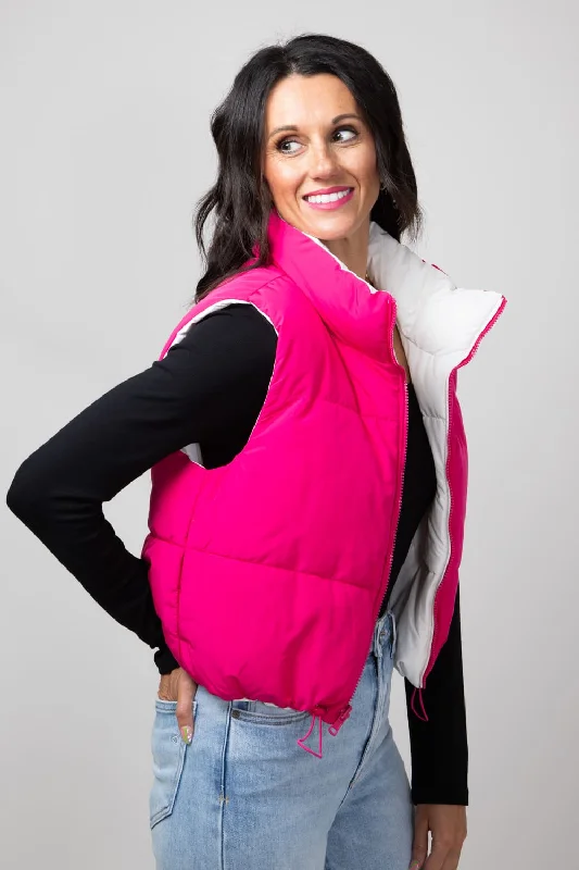 Love Tree Cropped Reversible Puffer Vest for Women in White/Fuchsia | 5070VY-FUCHSIA High-Fashion Vest Coat Love Tree Cropped Reversible Puffer Vest for Women in White/Fuchsia | 5070VY-FUCHSIA High-Fashion Vest Coat