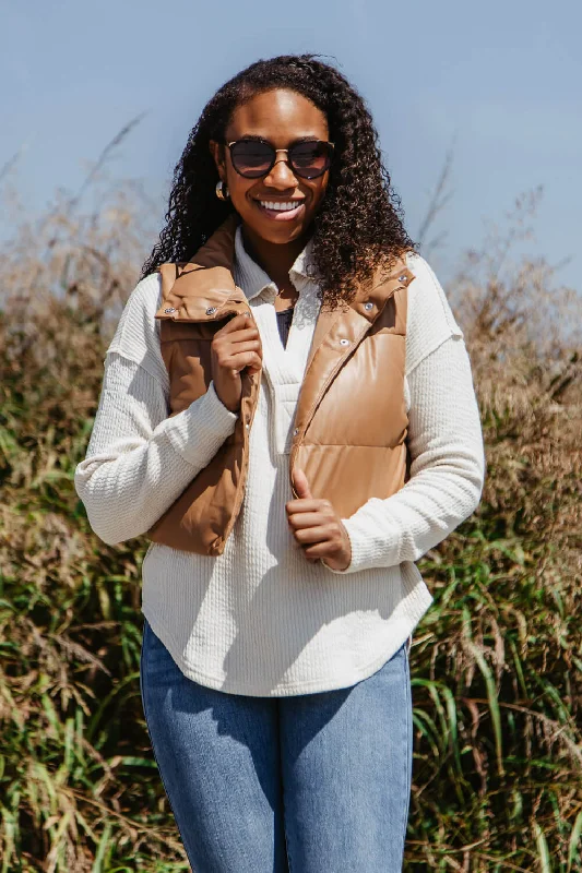 Love Tree Faux Leather Cropped Puffer Vest for Women in Brown | 5096VH-CAMEL Sleeveless Herringbone Vest Love Tree Faux Leather Cropped Puffer Vest for Women in Brown | 5096VH-CAMEL Sleeveless Herringbone Vest