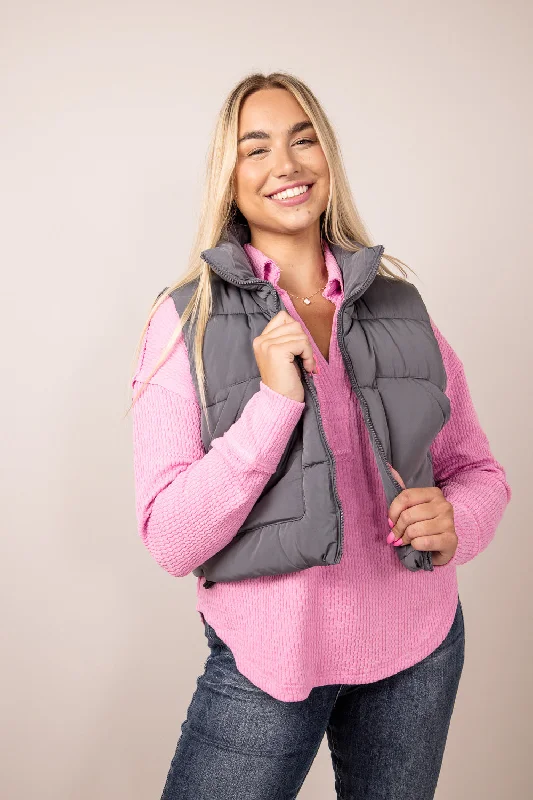 Love Tree Front Pocket Cropped Puffer Vest for Women in Slate | 5073VM-SLATE Zip-Front Sport Vest