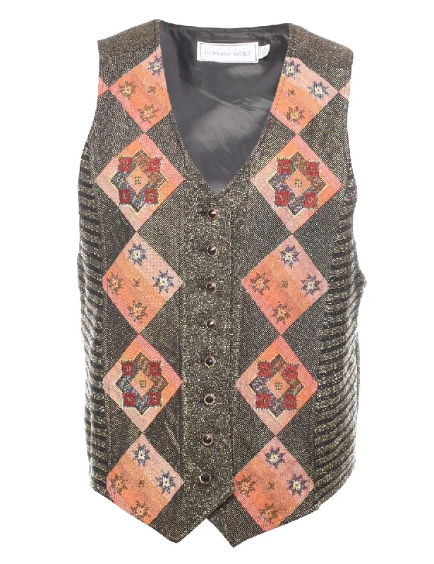 Lurex Thread Pattern 1990s Multi-Colour Waistcoat - M Classic Button-Down Waistcoat
