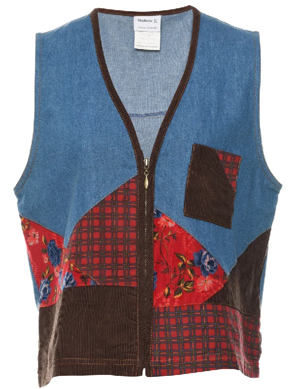 Medium Wash Patchwork Denim Waistcoat - M Comfortable Long Waistcoat Jacket