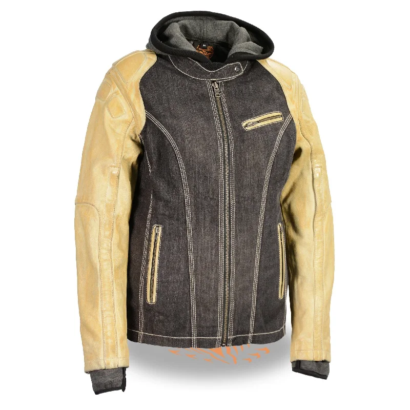 Milwaukee Leather MDL2005 Ladies Hooded Two Tone Black and Beige Denim Zip Hoodie Drawstring Kangaroo Pocket Milwaukee Leather MDL2005 Ladies Hooded Two Tone Black and Beige Denim Zip Hoodie Drawstring Kangaroo Pocket