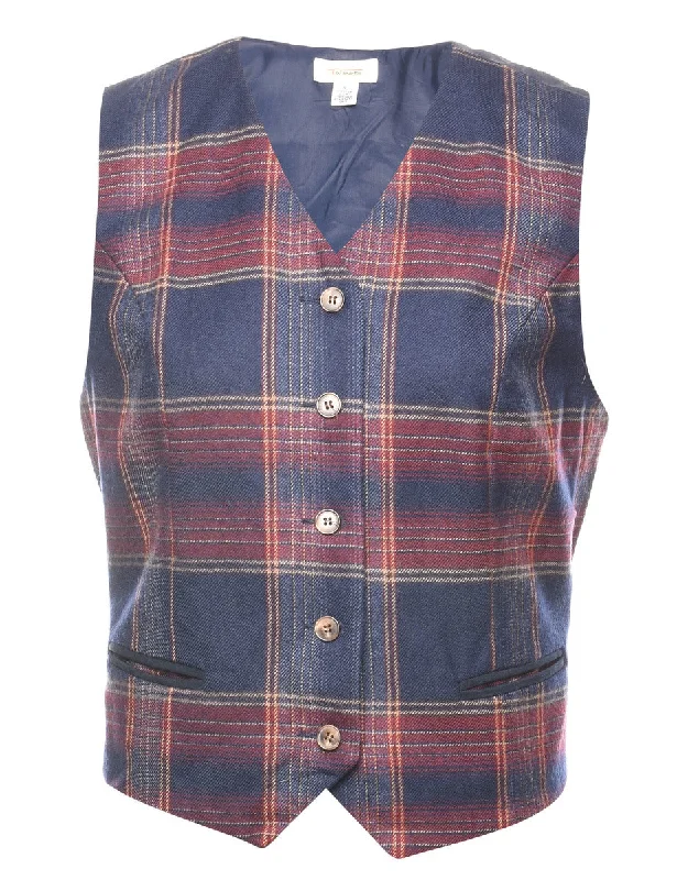 Navy & Maroon Checked Waistcoat - S Cozy Faux Fur Waistcoat