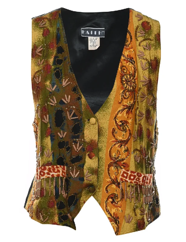 Patterned Multi-Colour Beaded Waistcoat - M Elegant Wool Blend Waistcoat