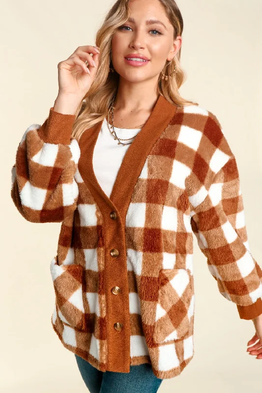 PLUS CHECKER V NECK BUTTON DOWN WITH POCKETS COAT Bomber Jacket Denim Jacket Leather Jacket