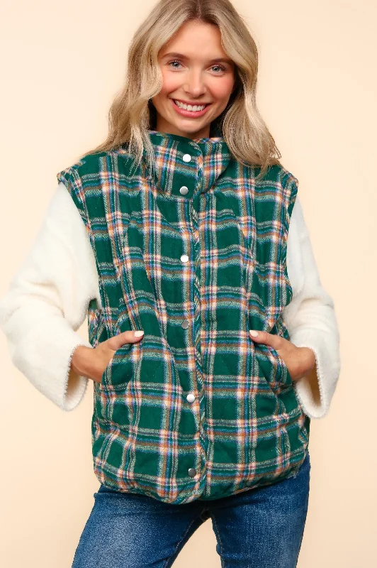 PLUS HIGH NECK SNAP BUTTON DOWN PLAID PUFFER VEST Fashion-Forward Vest Coat