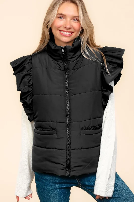 PLUS HIGH NECK ZIPPER UP RUFFLE SLEEVE PUFFER VEST Thick Plush Vest