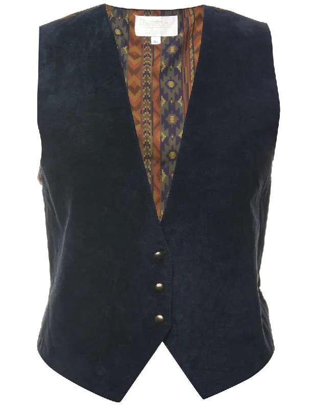 Popper Front Suede Navy Waistcoat  - M Elegant Ribbed Waistcoat Vest