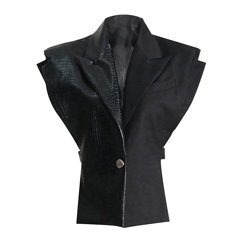 Premium Crocodile Pattern Notch Lapel Single Button Cotton Blend Leather Vest Elegant Vest Coat Premium Crocodile Pattern Notch Lapel Single Button Cotton Blend Leather Vest Elegant Vest Coat
