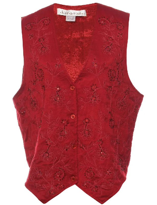 Red Beaded Waistcoat - L Comfortable Padded Waistcoat