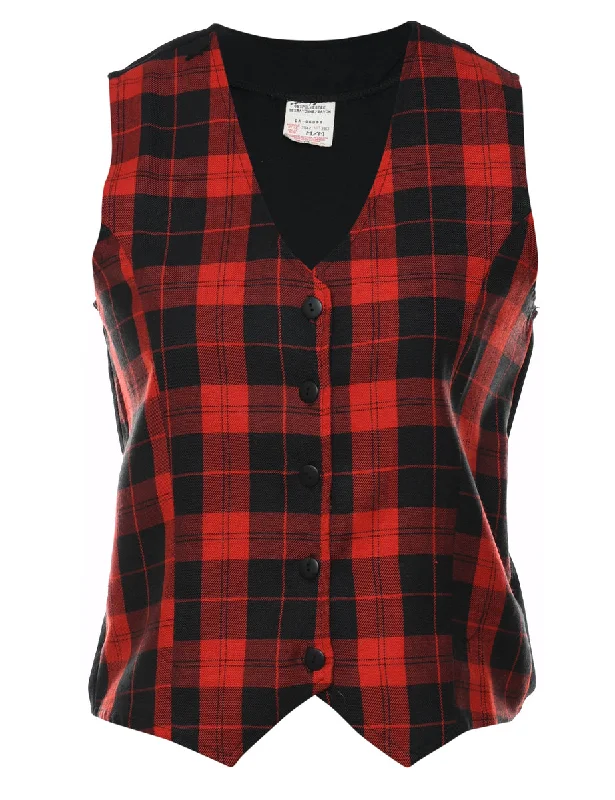 Red & Black Tartan Waistcoat - M Cozy Fur-Lined Waistcoat Vest