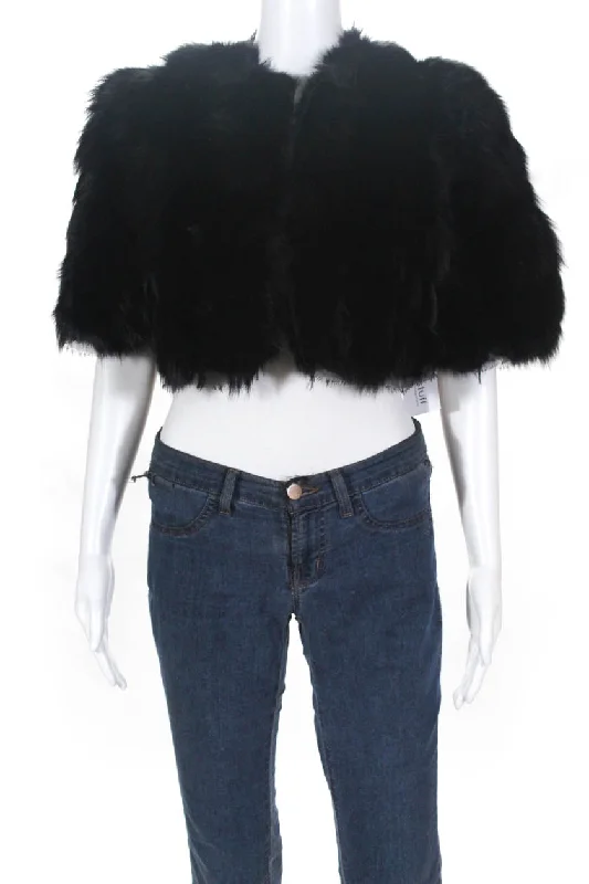 Roberto Cavalli Womens Fox Fur Fringe Cropped Coat Black Raincoat Turtleneck Coat Wrap Coat Roberto Cavalli Womens Fox Fur Fringe Cropped Coat Black Raincoat Turtleneck Coat Wrap Coat