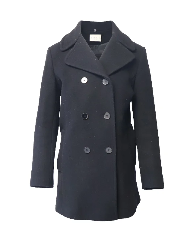 Sandro Paris Double Breasted Peacoat in Black Wool Tweed Herringbone Houndstooth