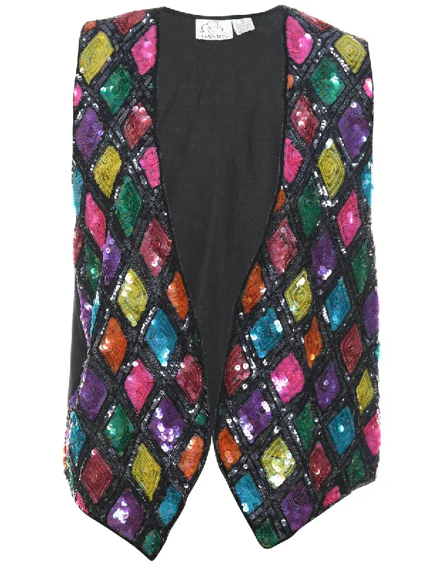Sequined Black Waistcoat - S Elegant Longline Waistcoat Vest