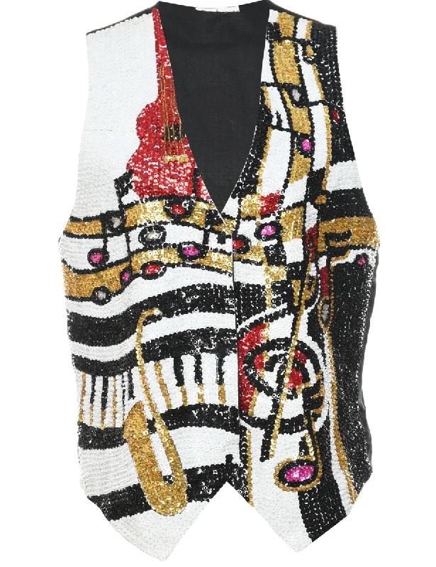 Sequined Multi-Colour Music Design Waistcoat - M Casual Checkered Waistcoat Vest
