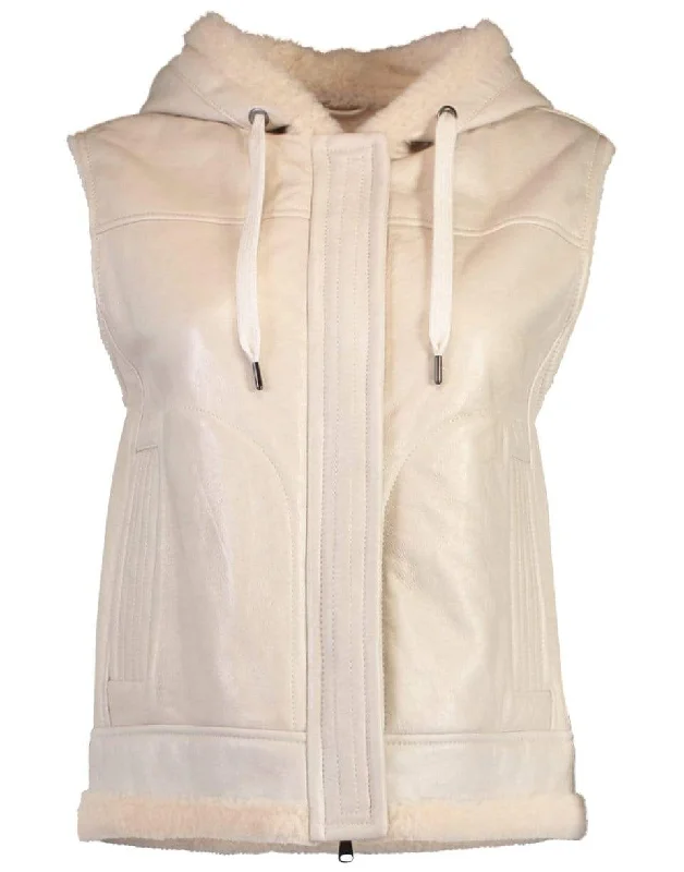 Shearling and Leather Hooded Zip Up Vest Hoodie with Toggle Buttons Decorative Unique